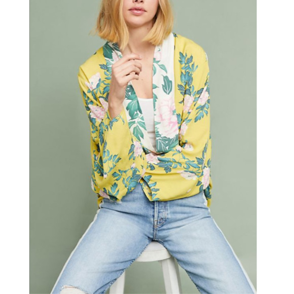 Anthropologie Elma Floral Kimono Top One Size Yellow Green Pink Open Front Boho - Picture 8 of 8